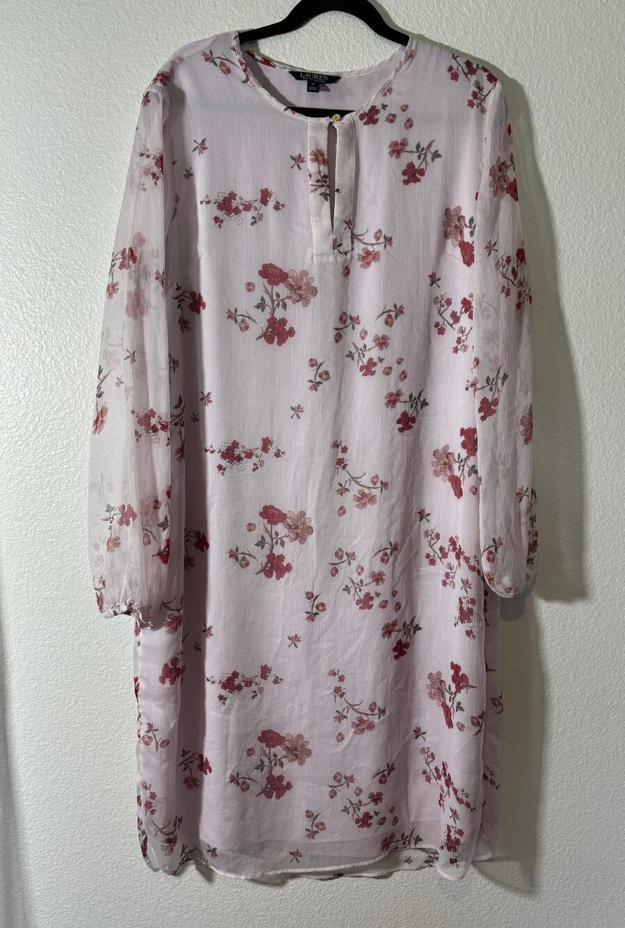 Lauren Ralph Lauren Women's Size 16 Pink Floral Long Sheer-Sleeve Shift Dress